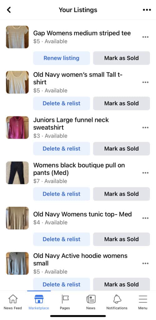 Image of an example of unsold clothing items for sale listed on Facebook Marketplace.