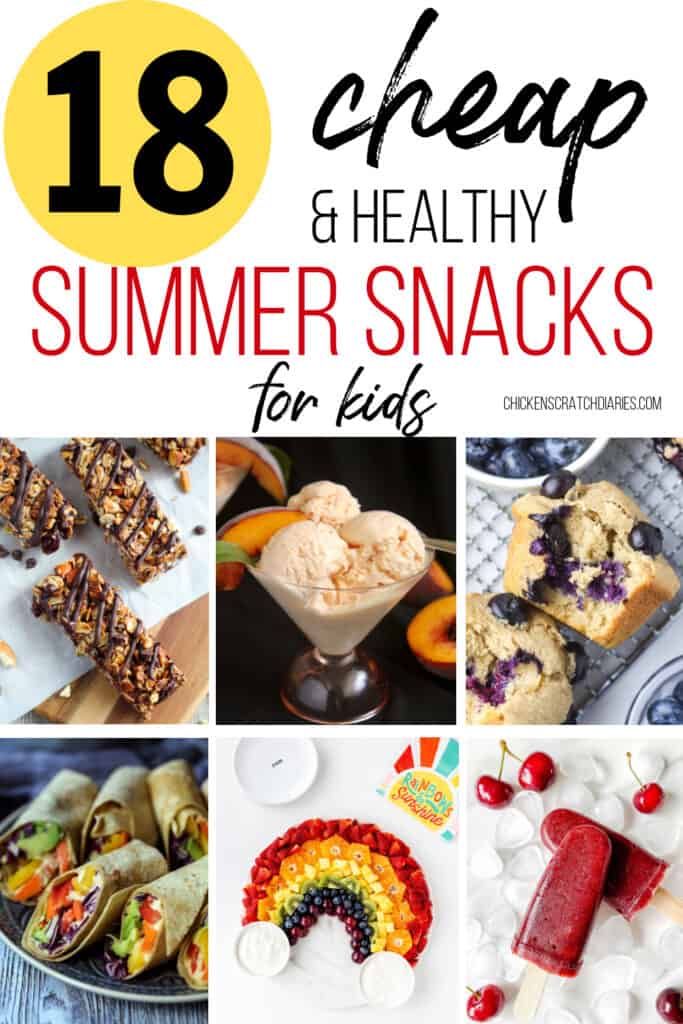 Vertical graphic with collage of featured snack recipes and text "18 cheap & healthy summer snacks for kids"