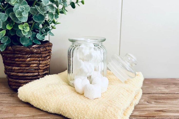 Glass jar of dishwasher tablets with tablets piled on towel nearby and faux plant in background.