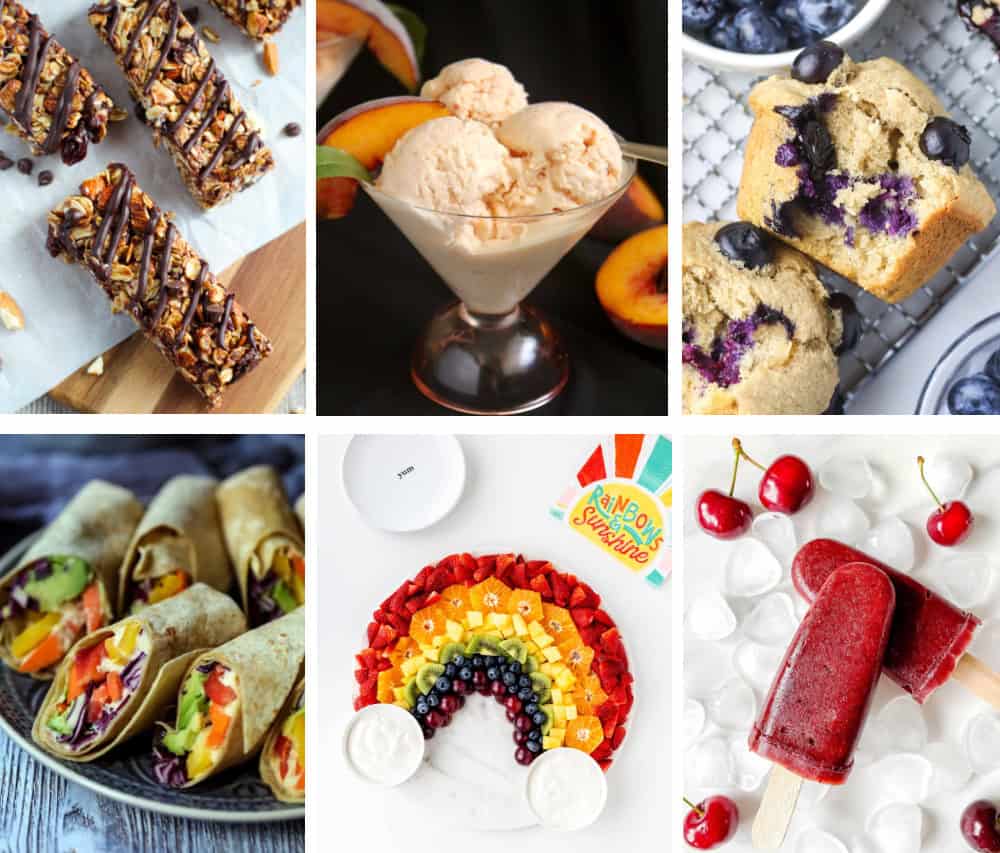 Collage image of healthy summer snack ideas.